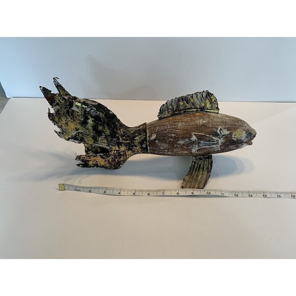 Wood Fish Display Tabletop Retro Metal Fins Nautical Décor Gold Tone Accent - Picture 7 of 10